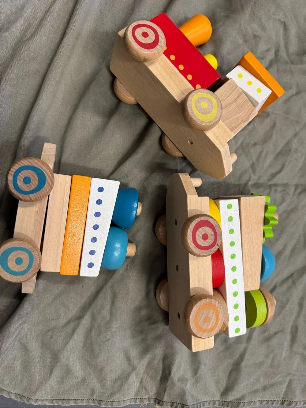 wooden 3-car stacking train, and numerous stackable blocks